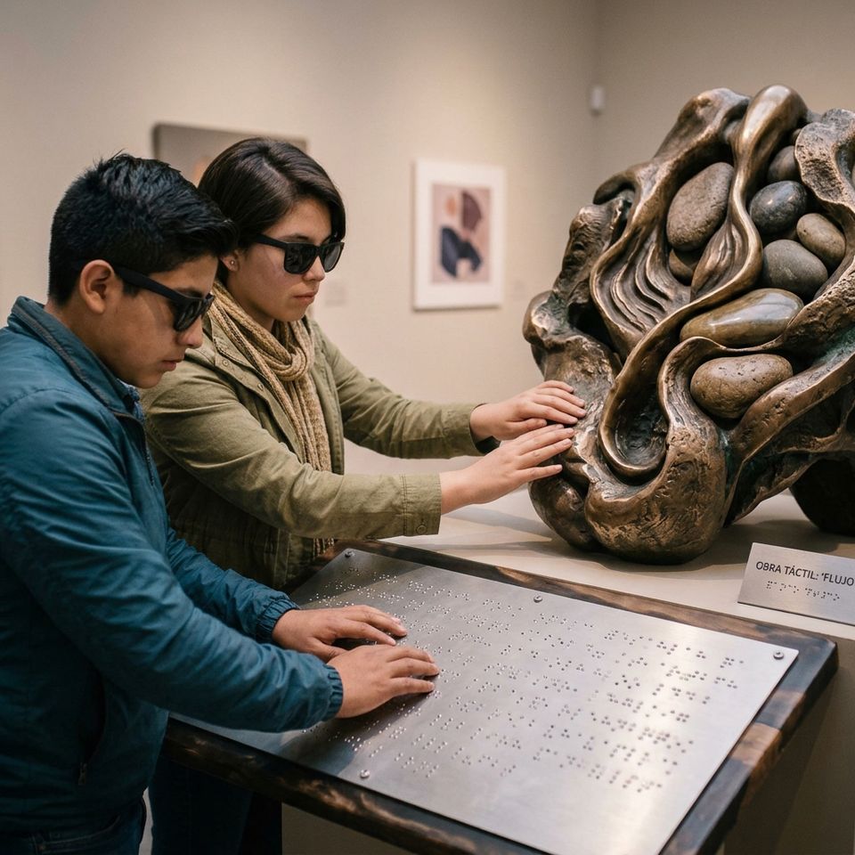 Dos jóvenes con lentes oscuros exploran con las manos una escultura de bronce y una placa con braille en un museo.