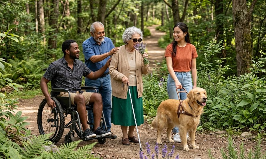 En un sendero del bosque, un hombre en silla de ruedas sonríe junto a un señor mayor que apoya la mano en su hombro. Una mujer mayor con bastón blanco huele un ramo de lavanda y una joven sonriente sostiene el arnés de un perro guía dorado.