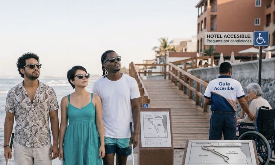Tres personas con lentes oscuros y bastones blancos junto al mar, frente a un andador de madera con barandales que lleva a un hotel. Hay placas con mapas en relieve y braille, un letrero que dice “Hotel accesible: pregunte por condiciones”, un guía con camiseta “Guía accesible” y una persona mayor en silla de ruedas.